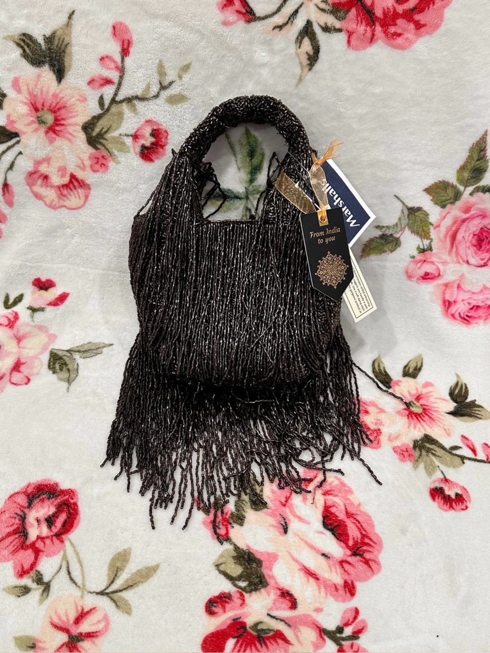 Dark brown beaded fringe handbag